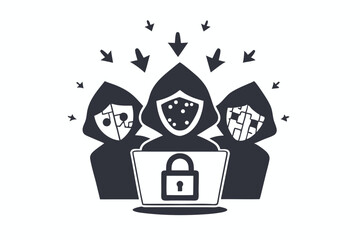 Three determined hooded figures oversee a laptop displaying global networks in monochrome style