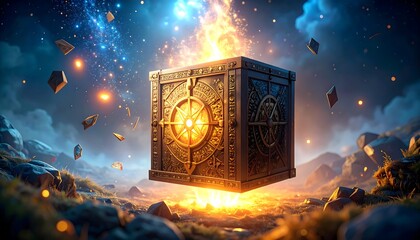Mystical Cube Floating Above Landscape with Ornate Design
