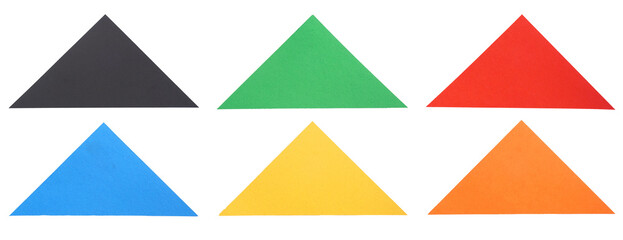Set collection or collage of triangular paper in various colors isolated on transparent background