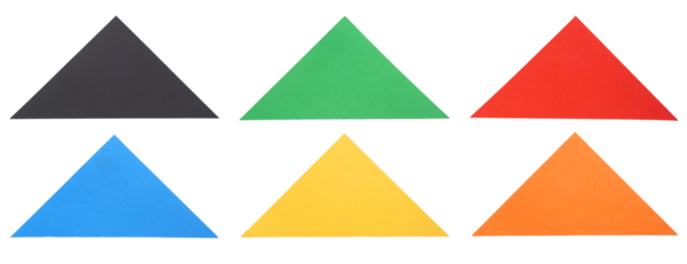 Set collection or collage of triangular paper in various colors isolated on transparent background