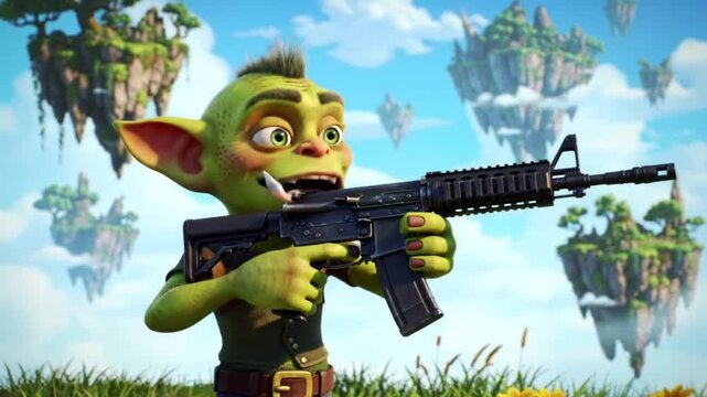 fantasy goblin warrior holding rifle in magical floating world