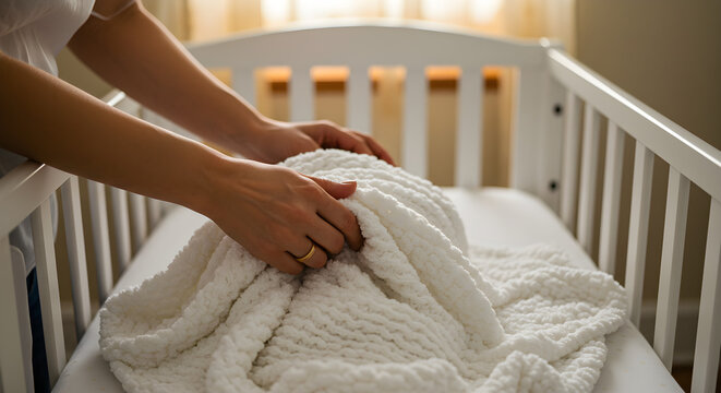 A person's hands carefully tucking a soft white blanket into a white crib.