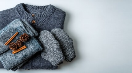 Cozy knitted sweaters and wool socks on rustic wood with pine cone on background of christmas tree lights. Pile of stylish winter cloth in festive decorated scandinavian room. Winter hygge time