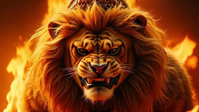 Intense Lord Narasimha face in burning inferno a powerful Hindu deity for strength, protection and spirituality in stunning 4K video footage