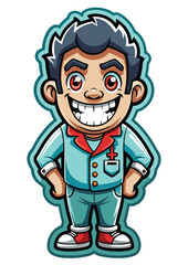 Smiling cartoon doctor character in light blue uniform