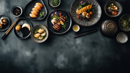 Professional food photography of japanese cuisine displaying variety of dishes