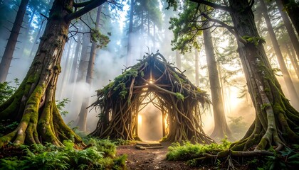Mystical Forest Scene with Handmade Structure and Glowing Light
