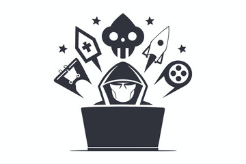 Three hackers in hoods and masks are behind a laptop with key icon