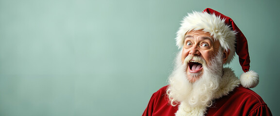 Naklejka premium Shocked Santa Claus expressing surprise against a mint green background 