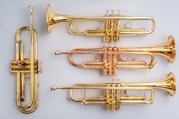 trumpet brass musical instrument set, isolated minimal