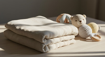 A soft, folded beige blanket is neatly stacked next to a collection of baby toys, including a teddy bear and rattles, bathed in warm sunlight.