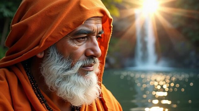 Divine Lord Sai Baba radiates peace and wisdom against a stunning waterfall light background in this serene 4k video footage.
