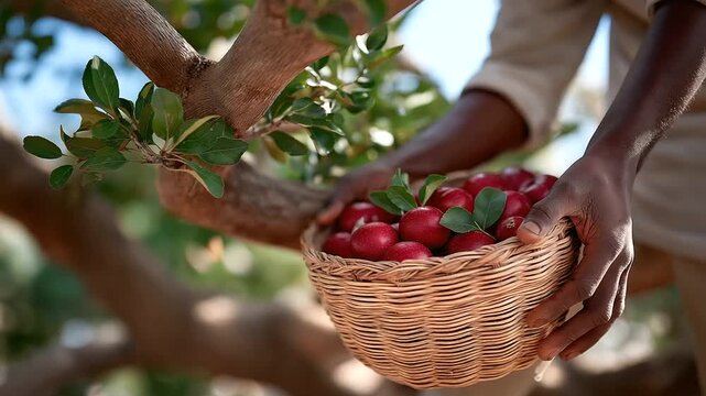 Capture the essence of urban harvest with cinematic shots of calloused hands plucking apples from a city community garden, set against the textured backdrop of rough, knotted bark.