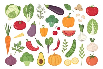 Collection of vegetables and fruits including carrots, broccoli, peppers