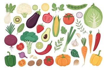 Collection of vegetables and fruits including broccoli, carrots, tomatoes