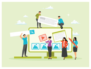 The concept of optimizing or creating site templates. Team Collaboration On A Large Computer Screen.