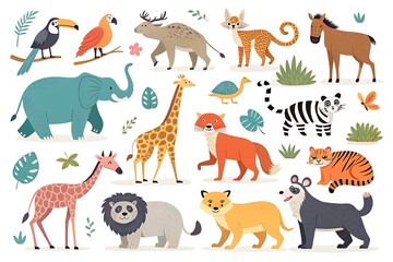 Fototapeta premium Collection of animals including giraffes, elephants, and tigers