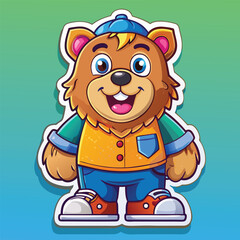 Cute cartoon bear wearing a cap. orange shirt. and blue jeans