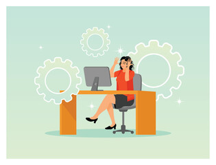 Busy Office Worker At Desk With Computer And Gears.