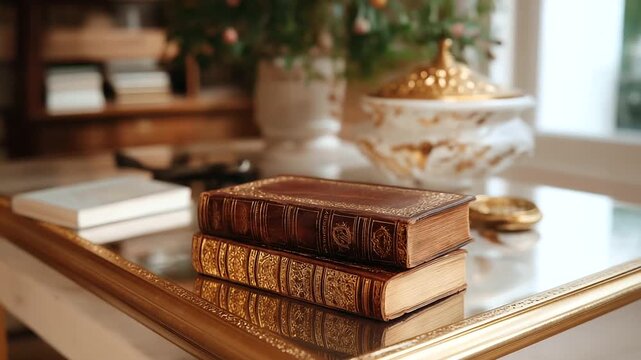 "Experience the art of book restoration in a serene bindery, showcasing meticulous craftsmanship with leather covers, gold leaf, and intricate binding stitches."