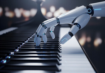 A futuristic white robot hand playing a classical piano keyboard under soft stage lighting