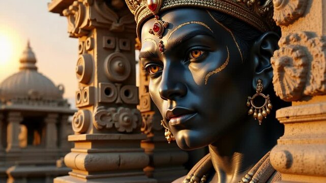 Majestic Lord Shani face in sunlit Hindu temple, a spiritual journey, vibrant Indian culture, ancient traditions, and powerful deity in 4k video