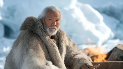 Experience the cinematic storytelling of an Inuit elder by a crackling fire on a frozen shore, wrapped in a fur blanket, captured in stunning professional motion.