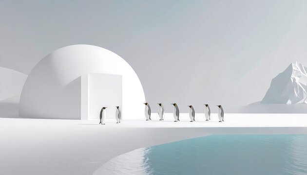 Tiny igloo on massive iceberg surrounded by penguins, but iceberg melting fast.