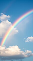 Vibrant rainbow arcs across a clear blue sky dotted with fluffy white clouds, bringing a sense of hope and wonder