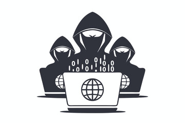 Three hooded figures with robotic faces stand in simple dark form