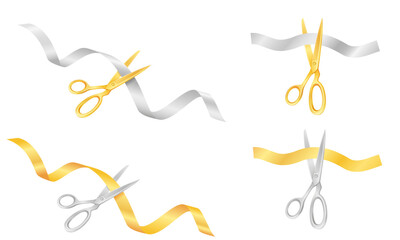 scissors cutting a satin ribbon at an opening or ceremony cartoon stock vector illustration isolated on white background