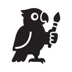 Adorable Parrot Silhouette Holding Paintbrush Minimalist Vector Illustration on White.