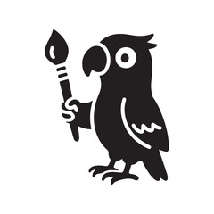 Adorable Parrot Silhouette Holding Paintbrush Minimalist Vector Illustration on White.