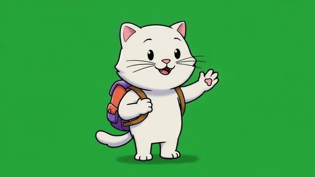 2D Animated White Cat Student with a Backpack Waving
