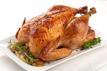 Whole roasted chicken with its legs and wings still attached