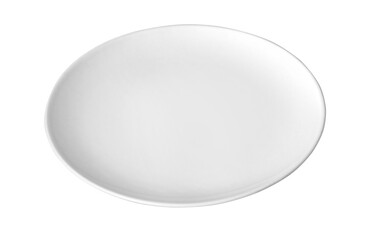 Empty white round ceramic plate on transparent background