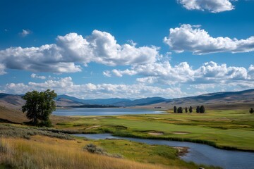 Green golf course beside blue lake and mountains green grass