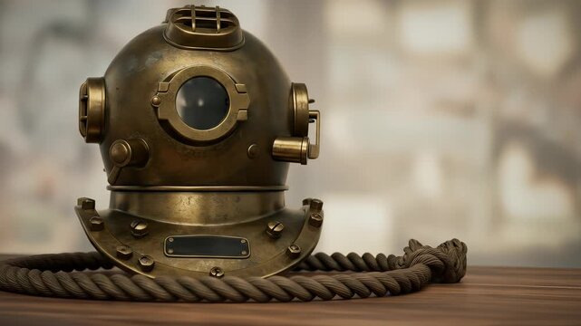 Vintage brass diving helmet with aged texture and coiled rope on wood surface