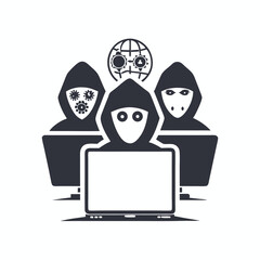 Three hooded hackers face a binary code laptop protected by a padlock