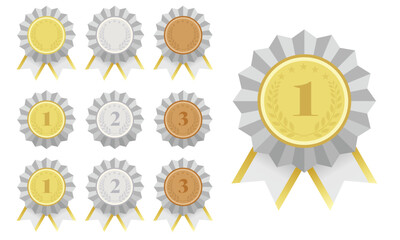 金銀銅のメダルとリボンのイラストセット。白背景にベクターイラスト。