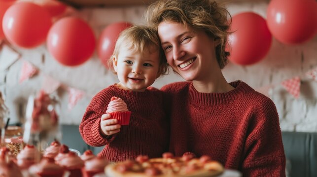 Mother and child in matching sweaters share joyful moments at a festive celebration surrounded by red balloons and cupcakes.