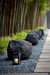 A pathway lined with dark stones and bamboo, illuminated by small lanterns, creates a tranquil and serene garden scene.