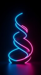 Dynamic neon helix sculpture glows with vibrant pink and blue light against a dark, reflective background creating a futuristic artistic display