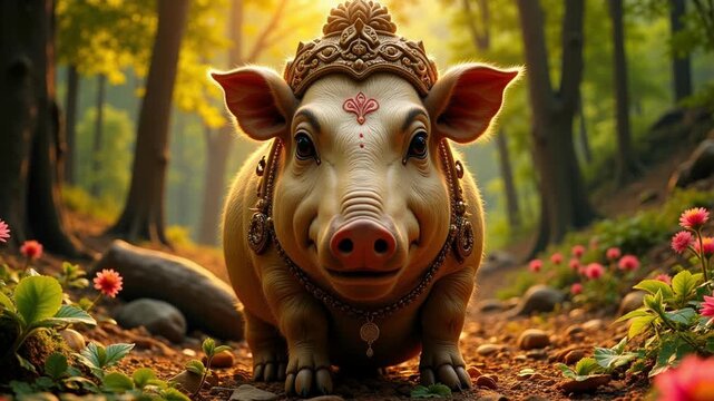 Majestic Lord Varaha emerging from blooming forest, a divine Hindu deity captured in stunning 4K detail, ancient power and natural beauty combine