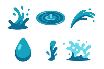 Assortment of blue water elements with dynamic splashes, concentric ripples, and a single clean drop