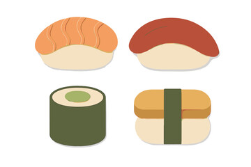 Stylized Japanese sushi pieces featuring salmon, tuna, maki, and tamago in a minimalist paper cut style