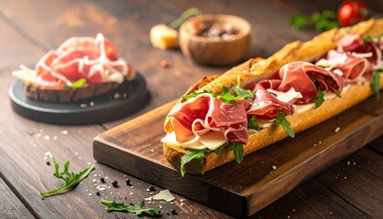 Gourmet prosciutto baguette sandwich with toppings
