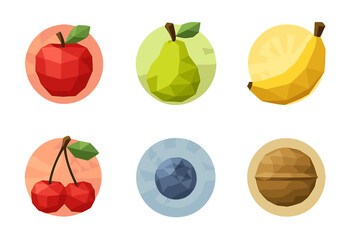 Vibrant low poly geometric fruits: apple, pear, banana, cherries, blueberry, walnut designs