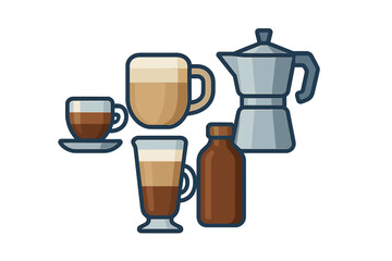 Variety of coffee beverages and brewing equipment including espresso cup, latte mug, layered drink, and moka pot
