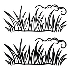 Two linear black grass patches feature swirl designs against a white backdrop